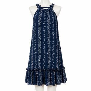 BCBG Paris Navy Floral Flowy Halter Dress - Ruffle Hem - Size M